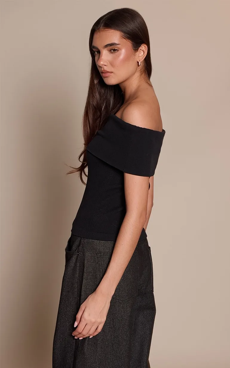 Black Contour Rib Fold Over Bardot Detail Long Top - 1