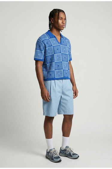 Oversized Boxy Crochet Tapestry Knitted Polo - blue