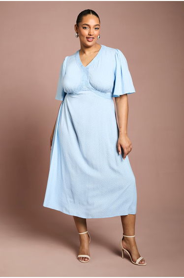 Curve Angel Sleeve Lace Trim Midi Dress