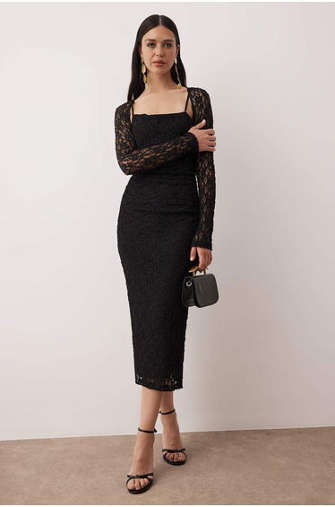 Black plain knitted lace midi lined chic/evening dress