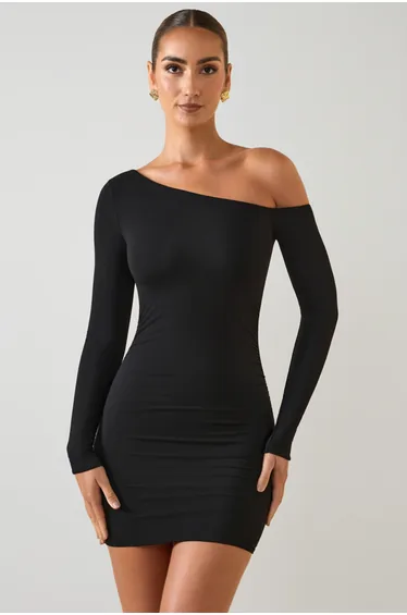 Modal Off-Shoulder Ruched Mini Dress in Black