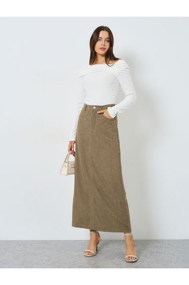 Corduroy Maxi Skirt with Back Slit
