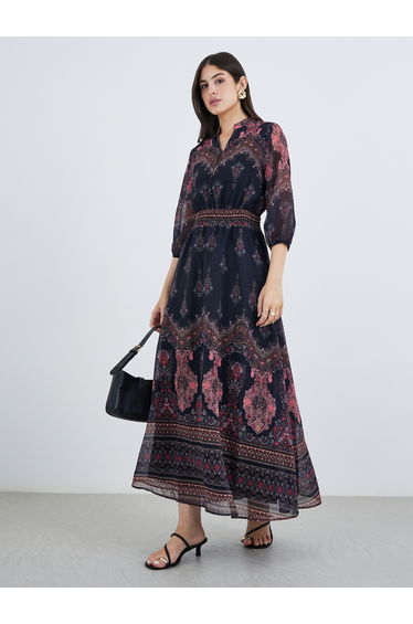 Floral Print Cuffed Sleeves A-Line Maxi Dress