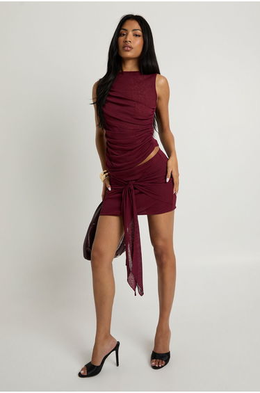 Textured Mesh Knot Front Mini Skirt
