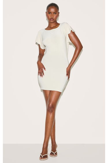 Almond Double Layered Slinky Ruched Short Sleeve Mini Dress