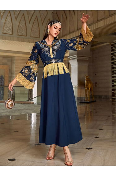 Women Navy Blue Embroidered Embellished Tasselled Jalabiya