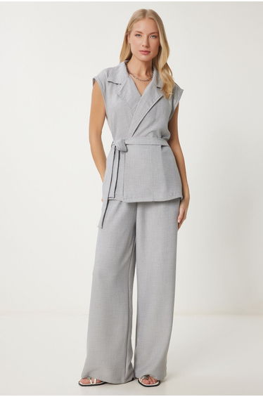 Women's Gray Belted Vest Palazzo Woven Suit