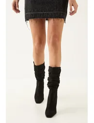 Faux Suede Ruched Square Toe High Flared Stiletto Calf Boots - 2