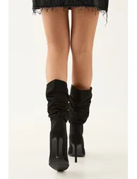 Faux Suede Ruched Square Toe High Flared Stiletto Calf Boots - 3