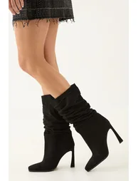 Faux Suede Ruched Square Toe High Flared Stiletto Calf Boots