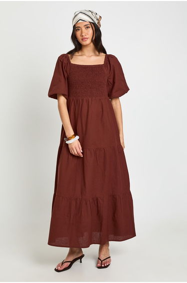 Tall Linen Look Volume Sleeve Tiered Midaxi Dress - chocolate