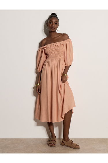 Smocked Bardot Midi Dress