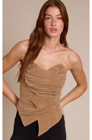 Tan Faux Suede Asymmetric Pointed Hem Corset