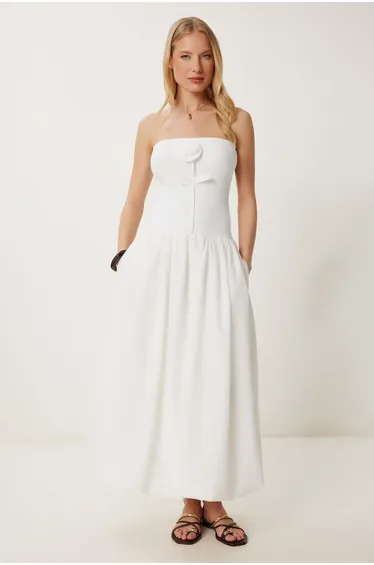 فستان بتنورة منفوخة بتوب إستريتش - بيج