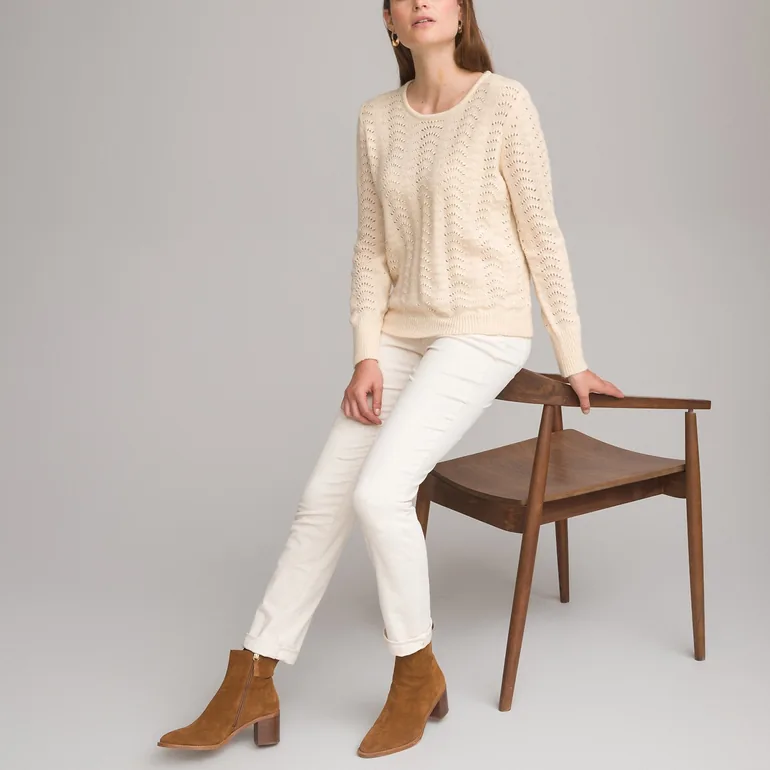 Recycled Crew Neck Jumper/Sweater in Fine Openwork Knit