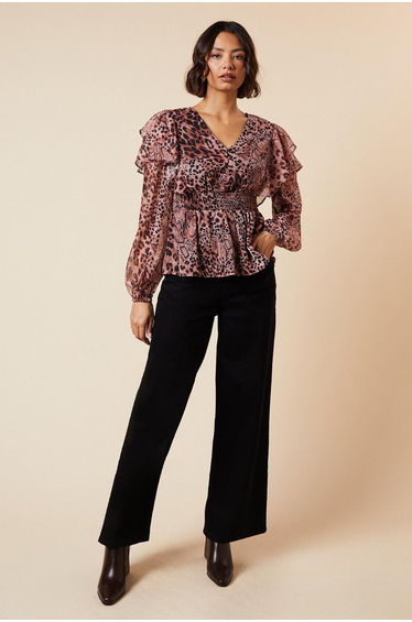Animal Shirred Waist Button Front Chiffon Long Sleeve Blouse