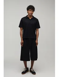 Boxy Pleated Revere Polo & Bermuda Short Set - black