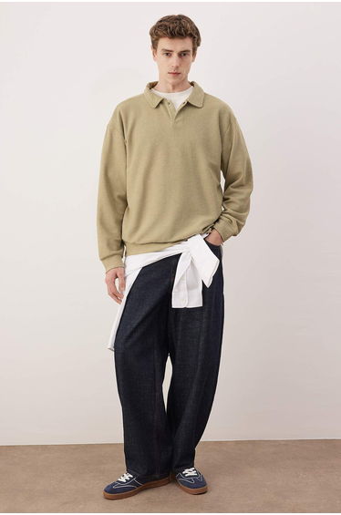 Stone New Oversize/Wide Cut Polo Neck Thick Snap Fastener Sweatshirt