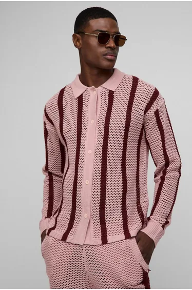 Regular Fit Open Stitch Stripe Long Sleeve Knitted Polo