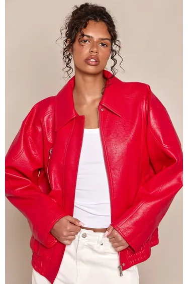 Red Concealed Placket Oversized Faux Leather Jacket
