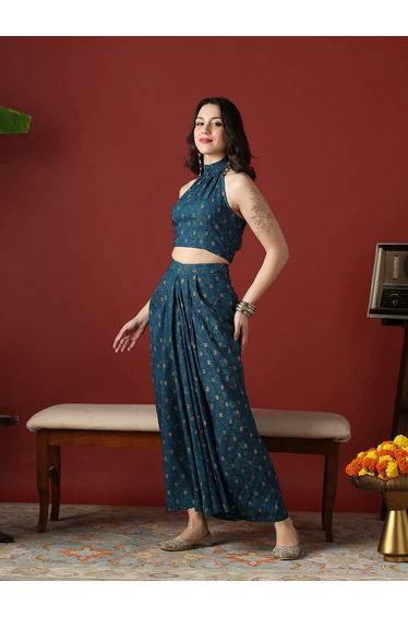 Women Halter Neck Crop Top and Pleated Maxi Skirt Fusion Co-Ords