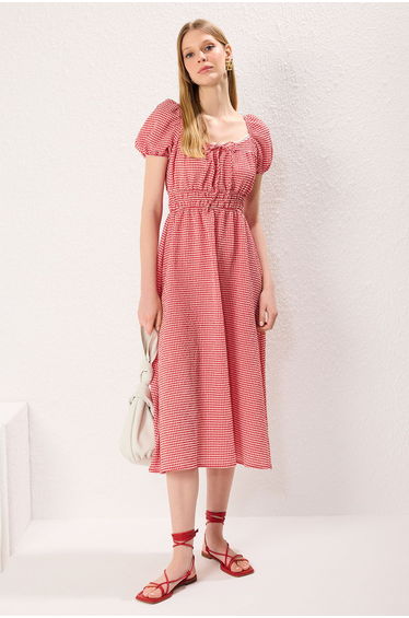 Red Gingham Check A-Line Lace Detailed Midi Woven Dress