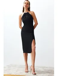 Black Fitted Evening Dress with Woven Accessories