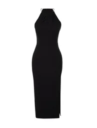 Black Fitted Evening Dress with Woven Accessories - 6