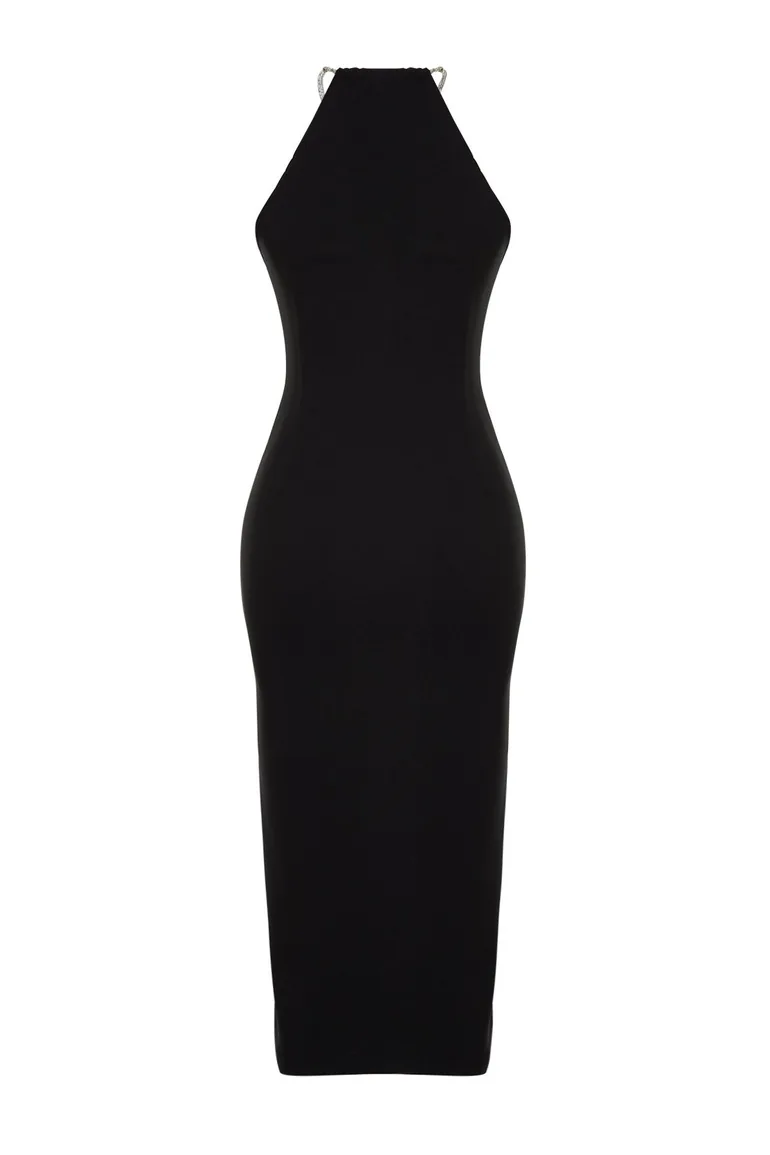 Black Fitted Evening Dress with Woven Accessories - 7