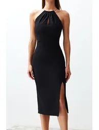 Black Fitted Evening Dress with Woven Accessories - 3