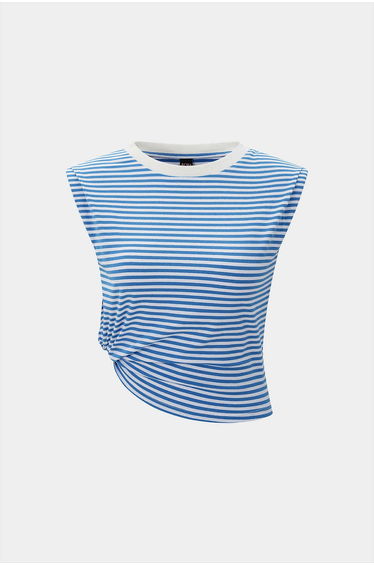 Stripes Print Round Neck Asymmetrical Ruched Tank Top