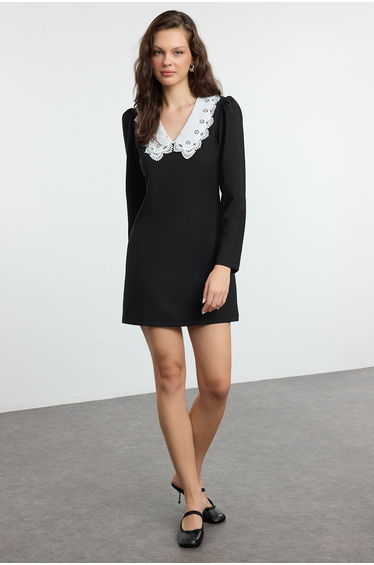 Black A-Line Collar Detailed Mini Woven Dress
