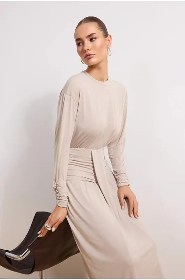 Beige Unlined Plain Knitted Sandy Hijab Dress