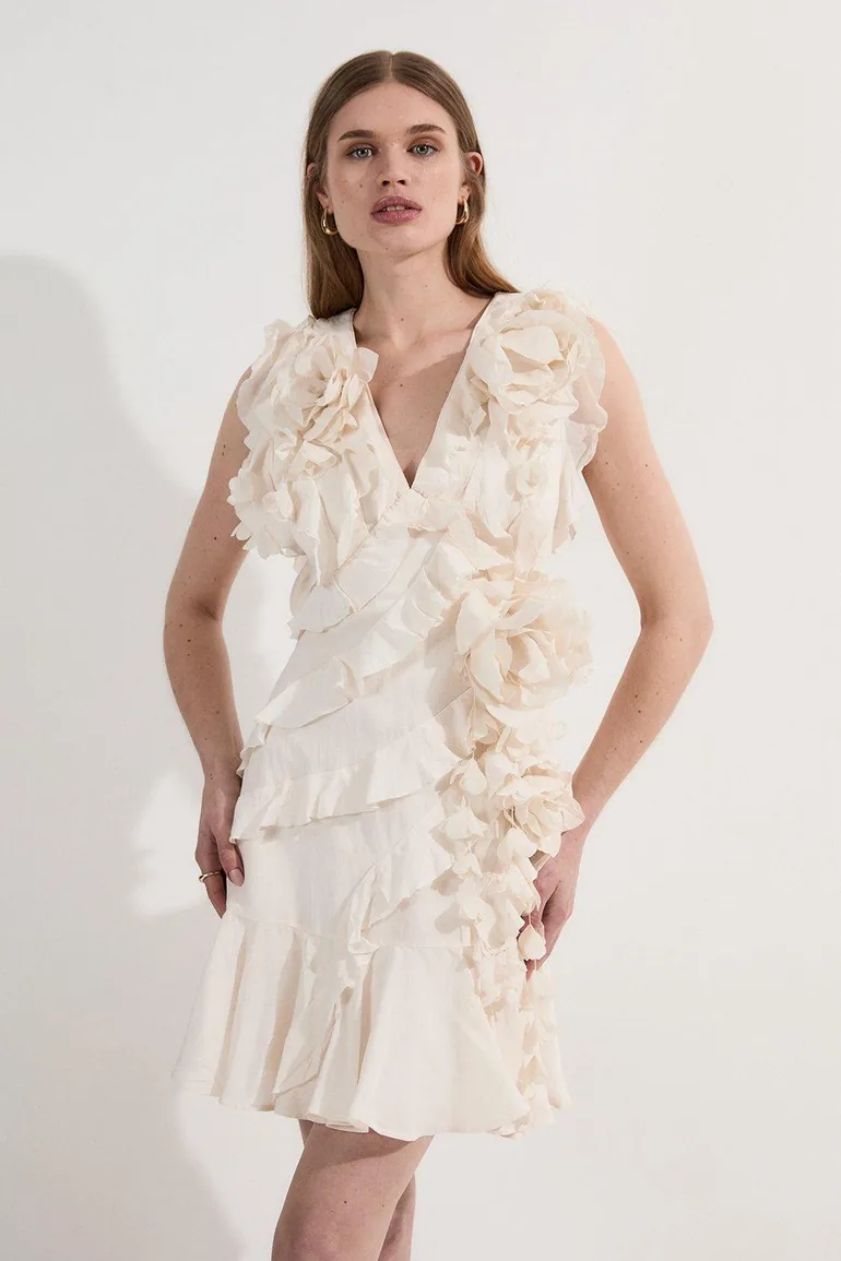 Embellished Ruffle Woven Mini Dress Karen Millen Cream : Premium Dresses :  VogaCloset Bahrain