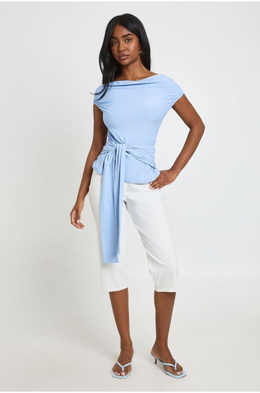 Tie Waist Of The Shoulder Top - baby blue