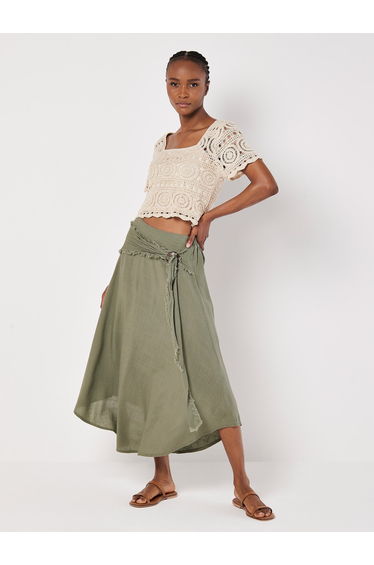Linen Blend Hanky Hem Midi Skirt