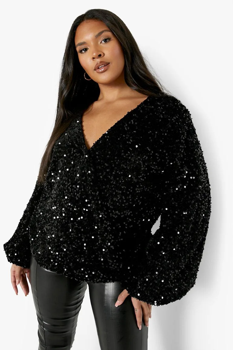 Plus Sequin Wrap Top - black - 3