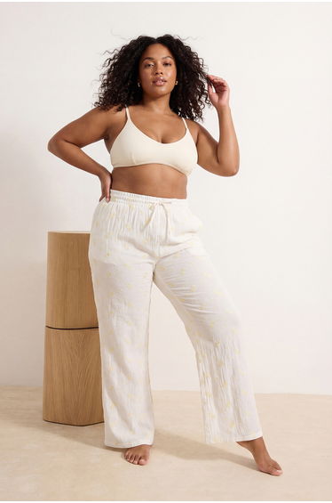 Ecru Floral Embroidered Plus Size Beach Pants