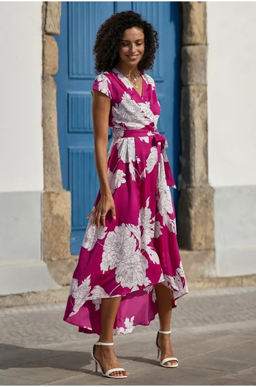 Pink Blossom Print Wrap Dress With Dipped Hem