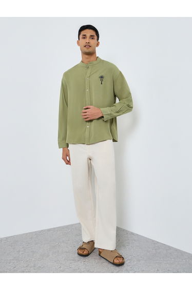 Men Olive Linen Mandarin Collar Shirt