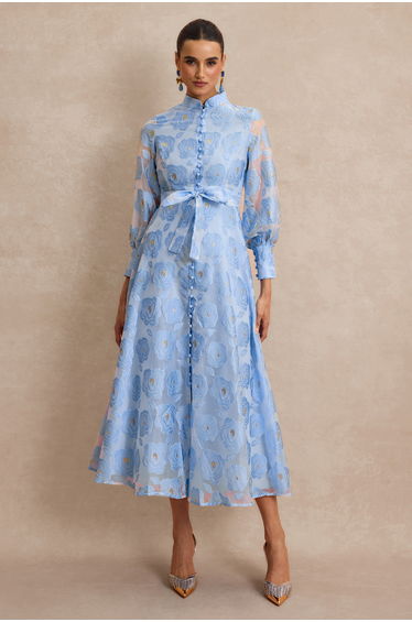 Jacquard Stand Collar Midi Dress