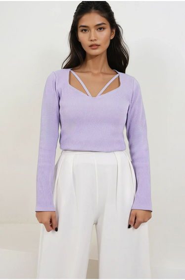 Women's Lilac Heart Collar Long Sleeve Knitted Blouse