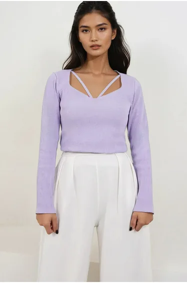 Women's Lilac Heart Collar Long Sleeve Knitted Blouse