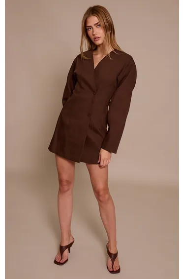 Deep Chocolate Woven Balloon Sleeve Blazer Dress