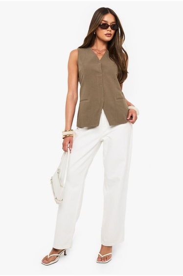 Linen Longline V Neck Tailored Waistcoat - khaki
