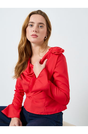Women Solid Drapped Neck Flower Detail Top