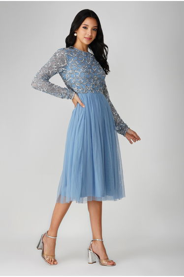 Mandarin Embellished Midi Dress in Powder Blue