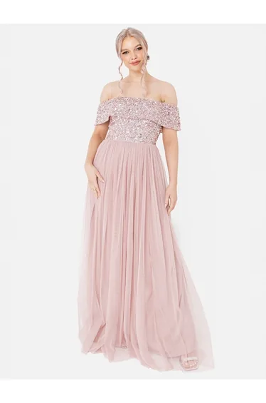 Maya Frosted Pink Bardot Embellished Maxi Dress