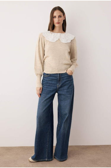 Stone Soft Textured Shirt Collar Garnish Knitwear Sweater