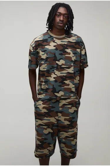 Camo Oversized Boxy T-Shirt & Pleat Front Jort Set - camo